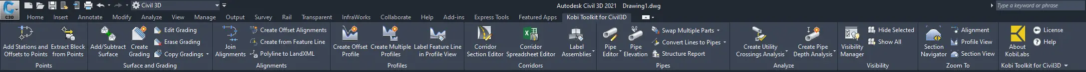 Kobi Toolkit for Civil 3D ribbon