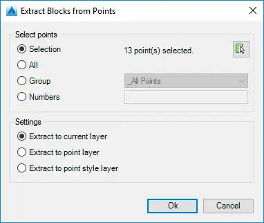 Extract Block from Points dialog box - Kobi Toolkit for Civil 3D