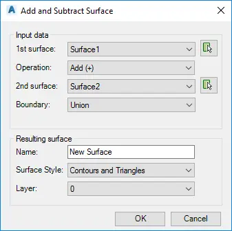 Add/Subtract Surface dialog box - Kobi Toolkit for Civil 3D