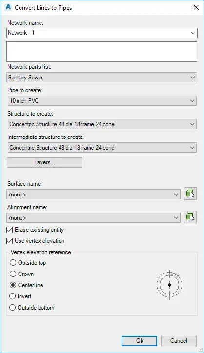 Convert Lines to Pipes dialog box - Kobi Toolkit for Civil 3D