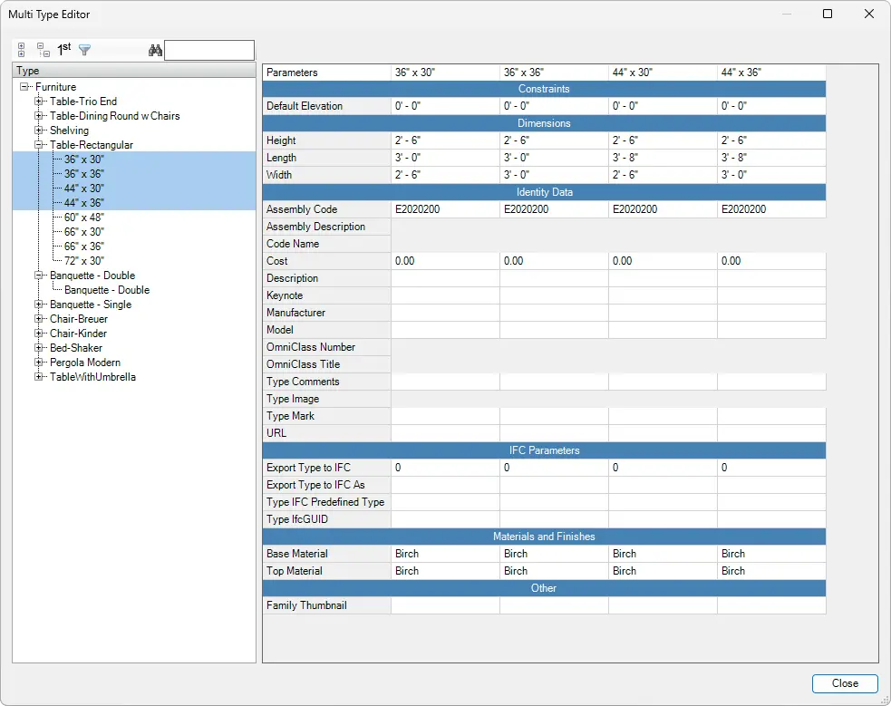 Multi Type Editor dialog box - Kobi Toolkit for Revit
