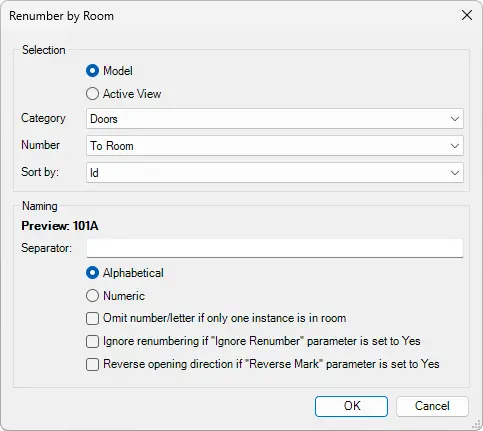 Revit Renumber dialog box - Kobi Toolkit for Revitdialog box - Kobi Toolkit for Revit