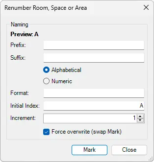 Revit Renumber Room, Space or Area dialog box