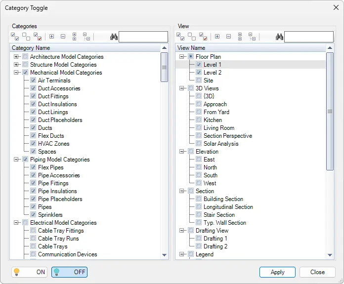 Category Toggle dialog box - Kobi Toolkit for Revit