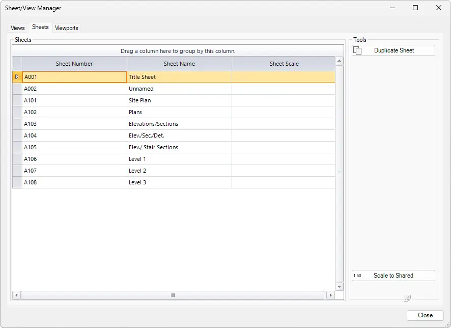 Revit View/Sheet Manager dialog box, Sheets - Kobi Toolkit for Revit