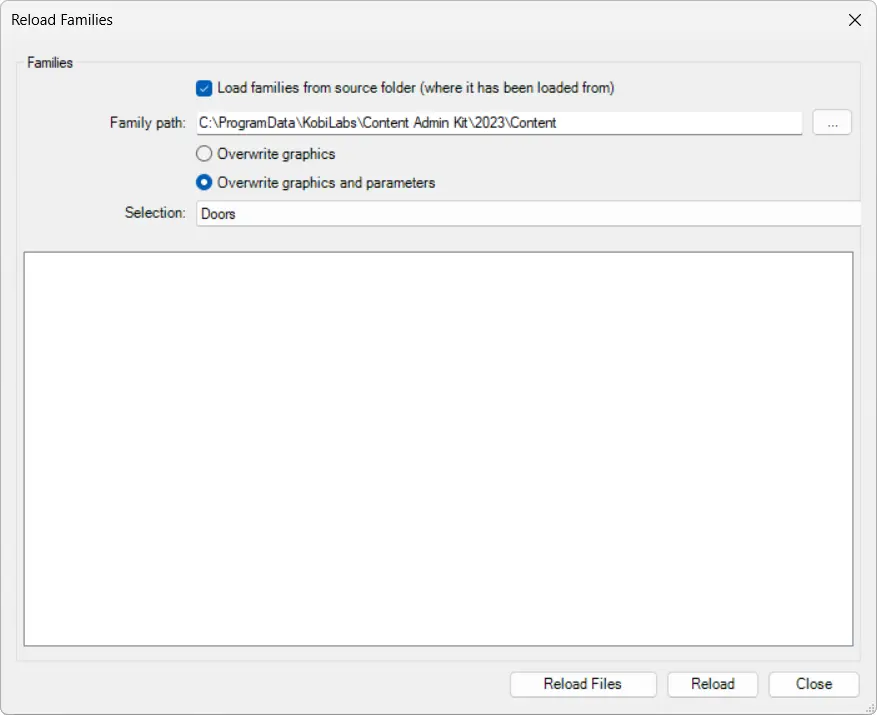 Reload Families dialog box - Kobi Toolkit for Revit