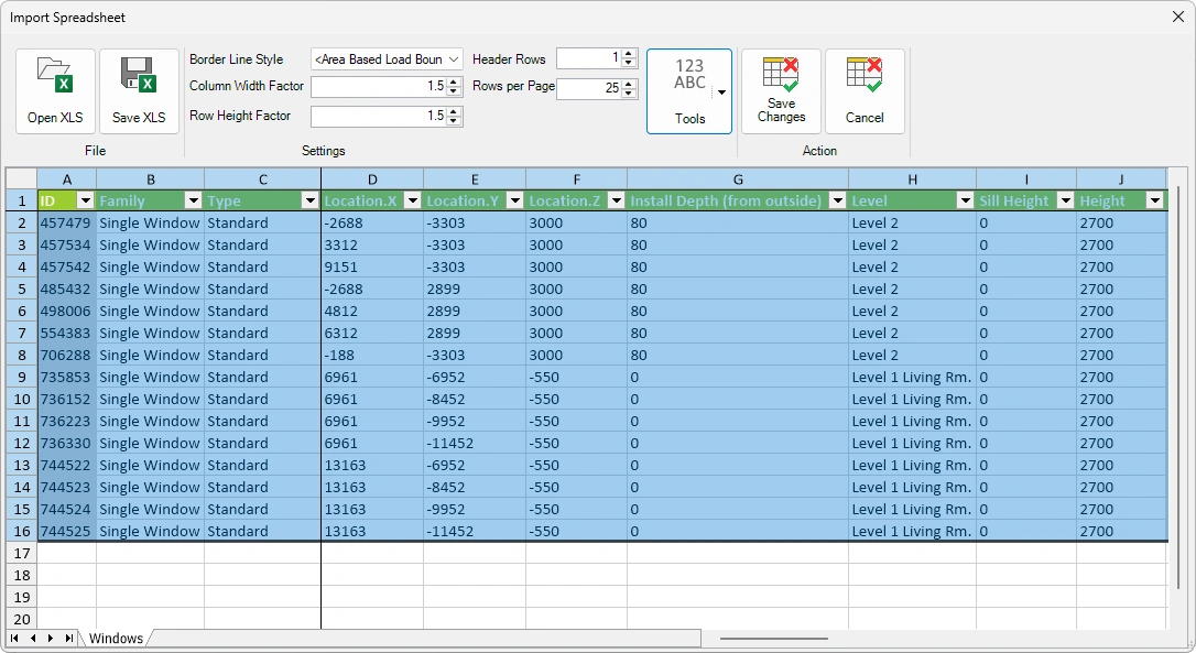Selected Cells in Import Spreadsheet - Kobi Toolkit for Revit