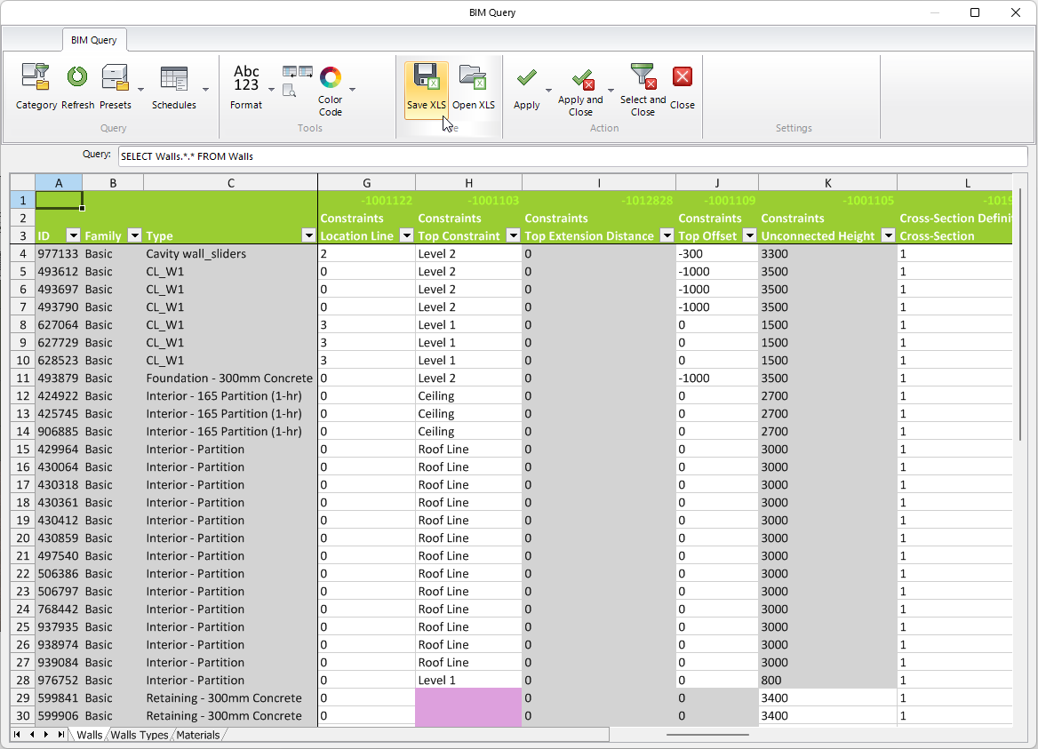 Save the BIM Query Spreadsheet and open it in Excel.