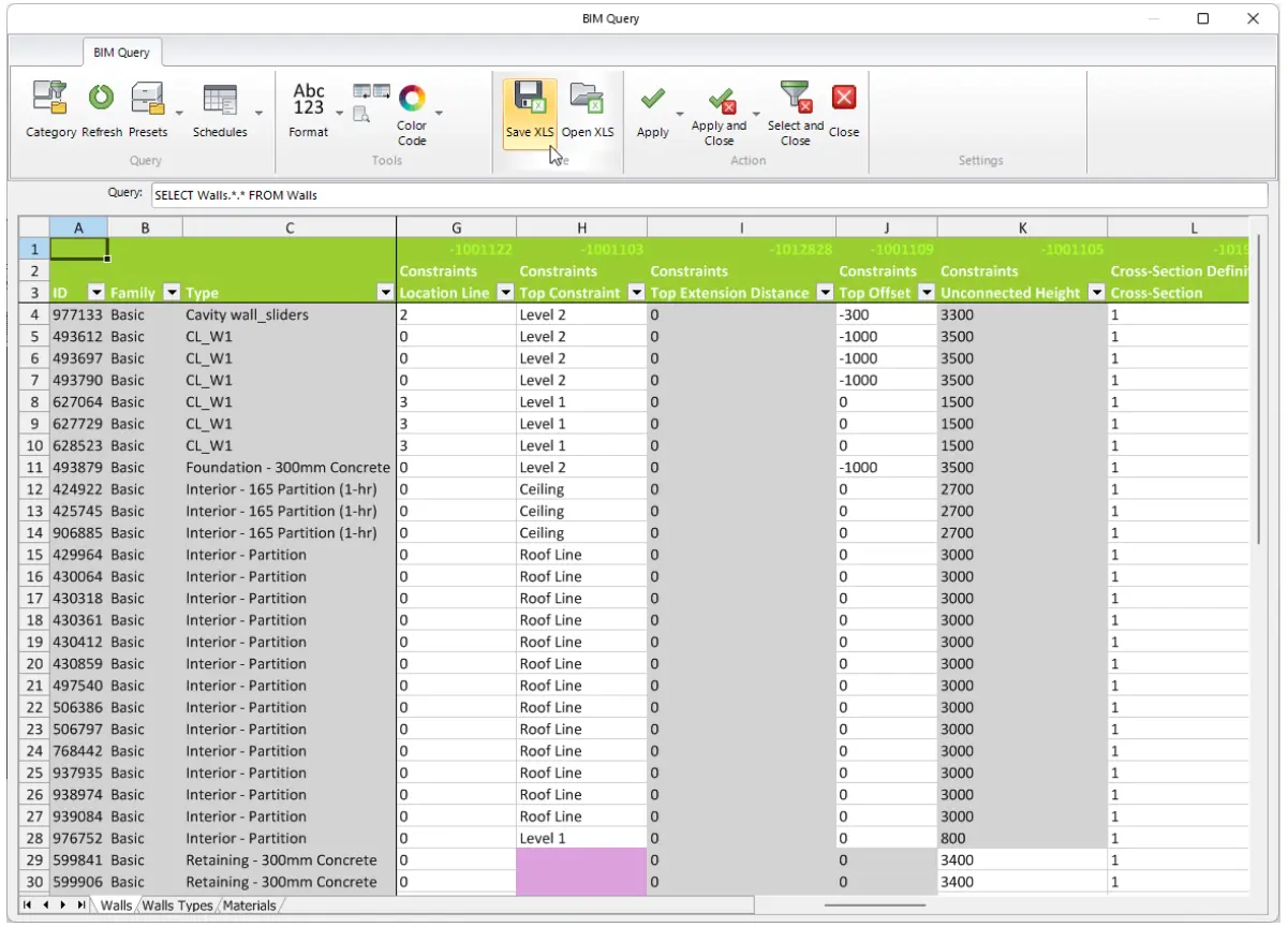 Edit Revit parameters in Excel like spreadsheet